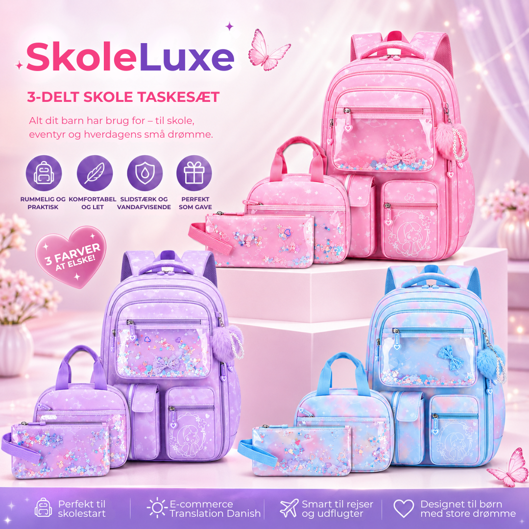 SkoleLuxe™ | 3-delt skoletaske-sæt med glitrende detaljer