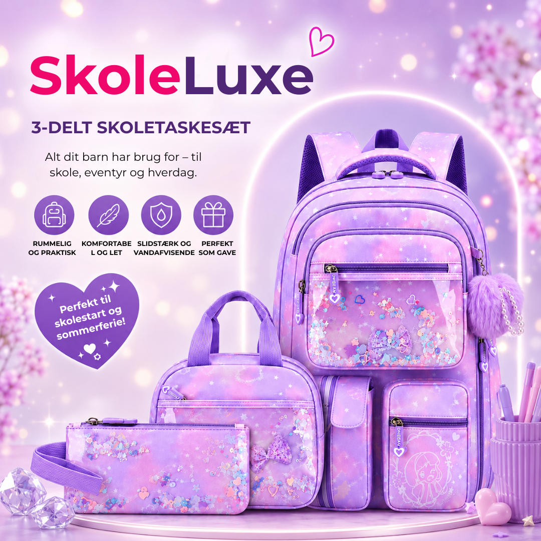 SkoleLuxe™ | 3-delt skoletaske-sæt med glitrende detaljer