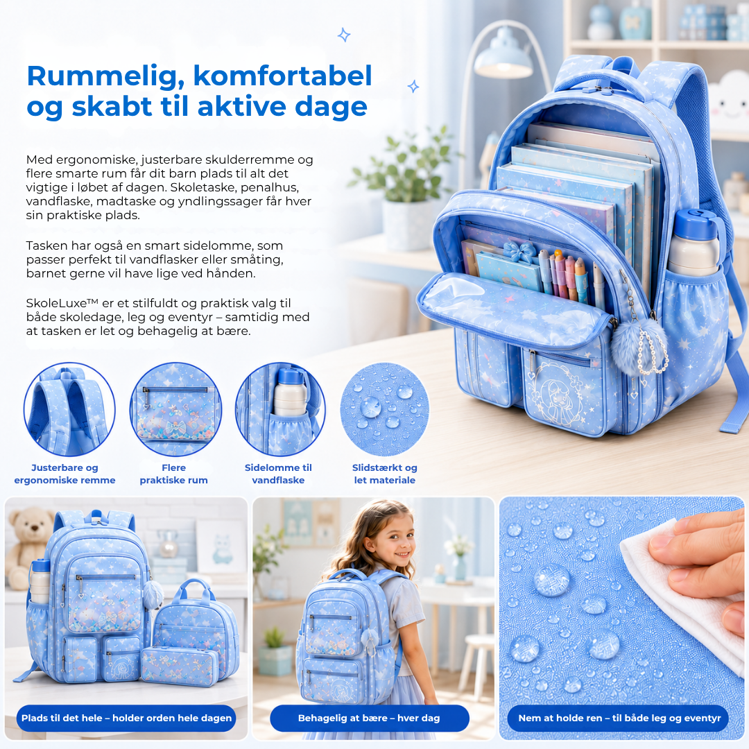 SkoleLuxe™ | 3-delt skoletaske-sæt med glitrende detaljer
